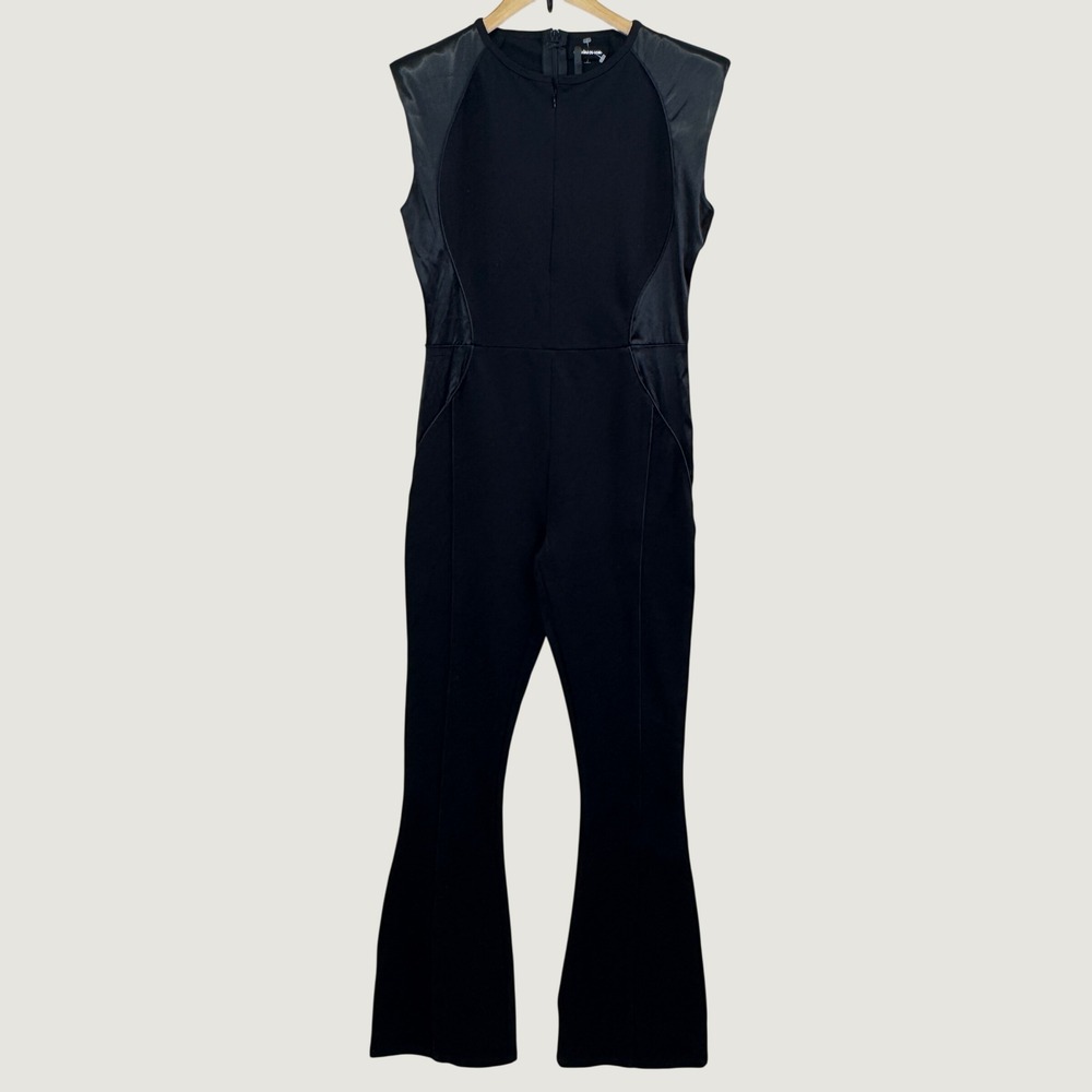 Maniere De Voir Black Satin Panel Flare Jumpsuit US 10 Sleek Baddie Streetwear